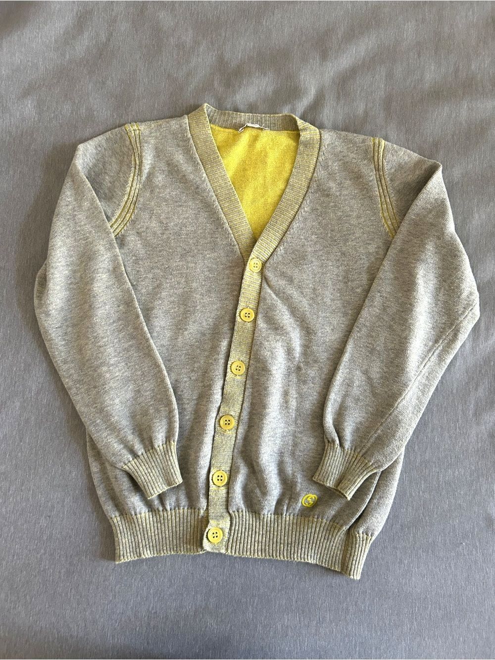 Gucci Kids Gray Yellow Contrast Trim Interlocking G Knit Cardigan Size 8